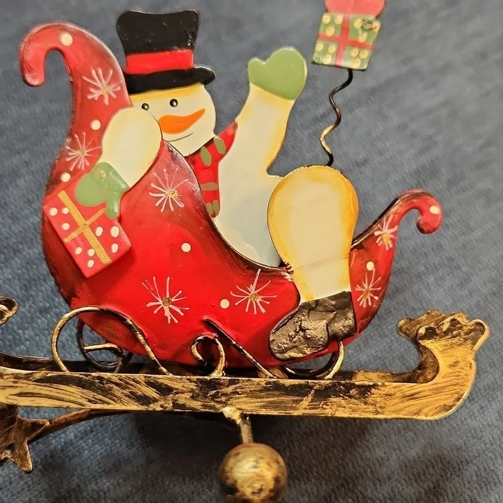 Set of 2 Vintage/antique Santa and Snowman in the sleds Xmas stocking holder